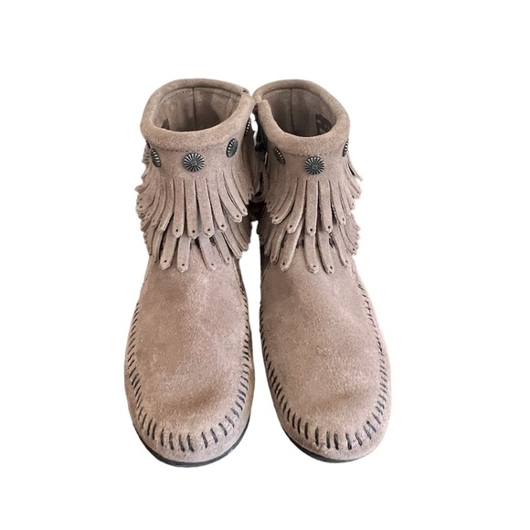 Minnetonka Tan Sued Studded Double Fringe Bootie Moccasins - Picture 2 of 4
